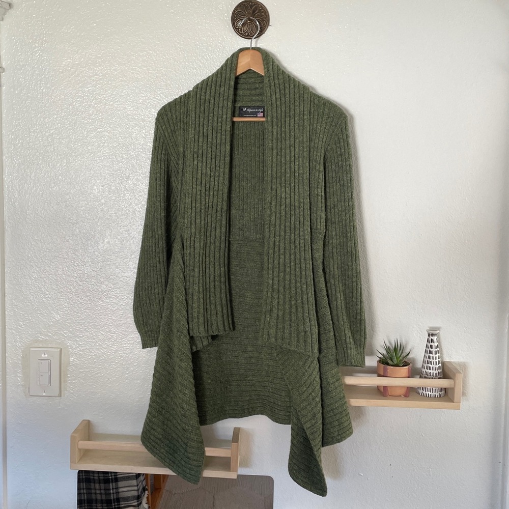 Alpaca in Style Green Ribbed Knit‎ Open Front Cardigan Shawl Collar Medium